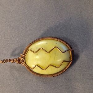 Copper Wire Wrapped Green Serpentine Gemstone Oval Pendant